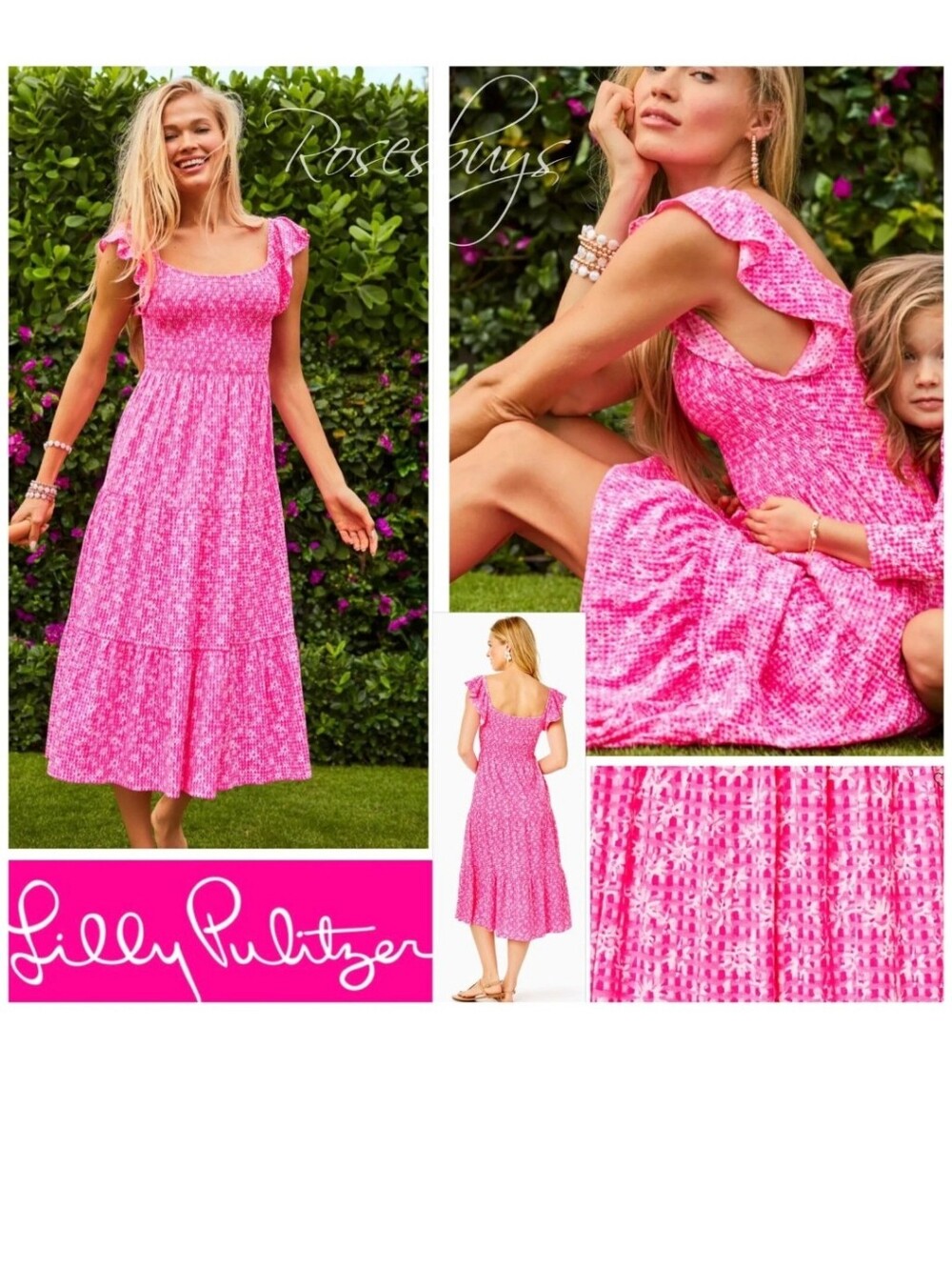 Lilly Pulitzer July Hot Pink Ruffle Strap Smocked Midi Dress Sz S